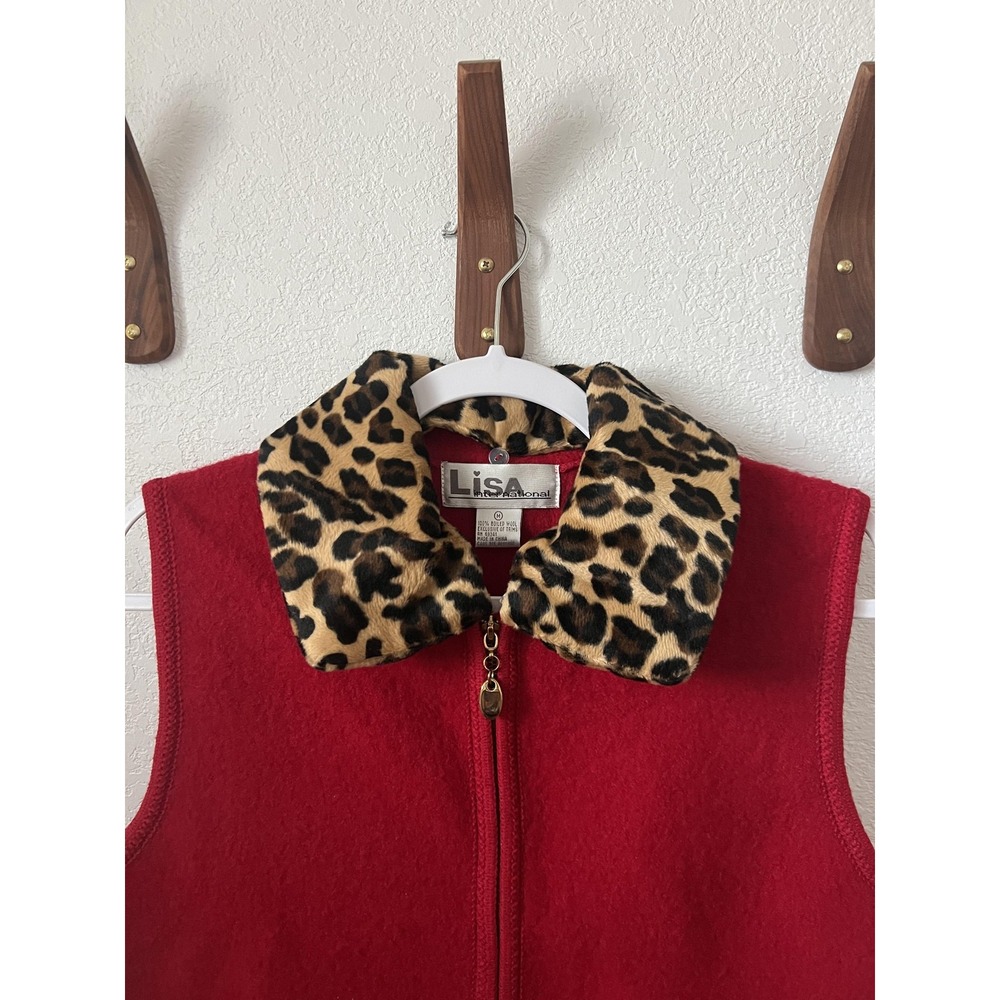 Lisa International Vest Womens Medium Red Wool Faux Fur Leopard Collar Zip - Picture 2 of 13